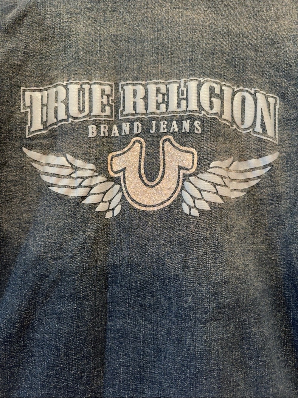True Religion Georgia Denim Button-up Shacket Winged Glitter Logo Back Western